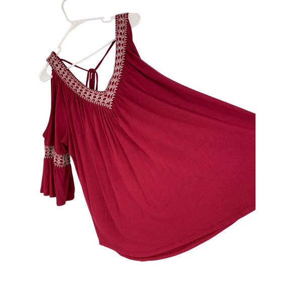 Simply Emma 2X Red Cold Shoulder Bell Sleeve V-Neck Embroider Tunic Top RW10334 - Picture 2 of 10